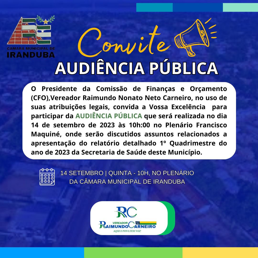 A Câmara Municipal de Iranduba realizará Audiência Pública  para tratar de assuntos pertinentes ao Relatório do 1° Quadrimestre  de 2023 da Secretaria de Saúde deste município.