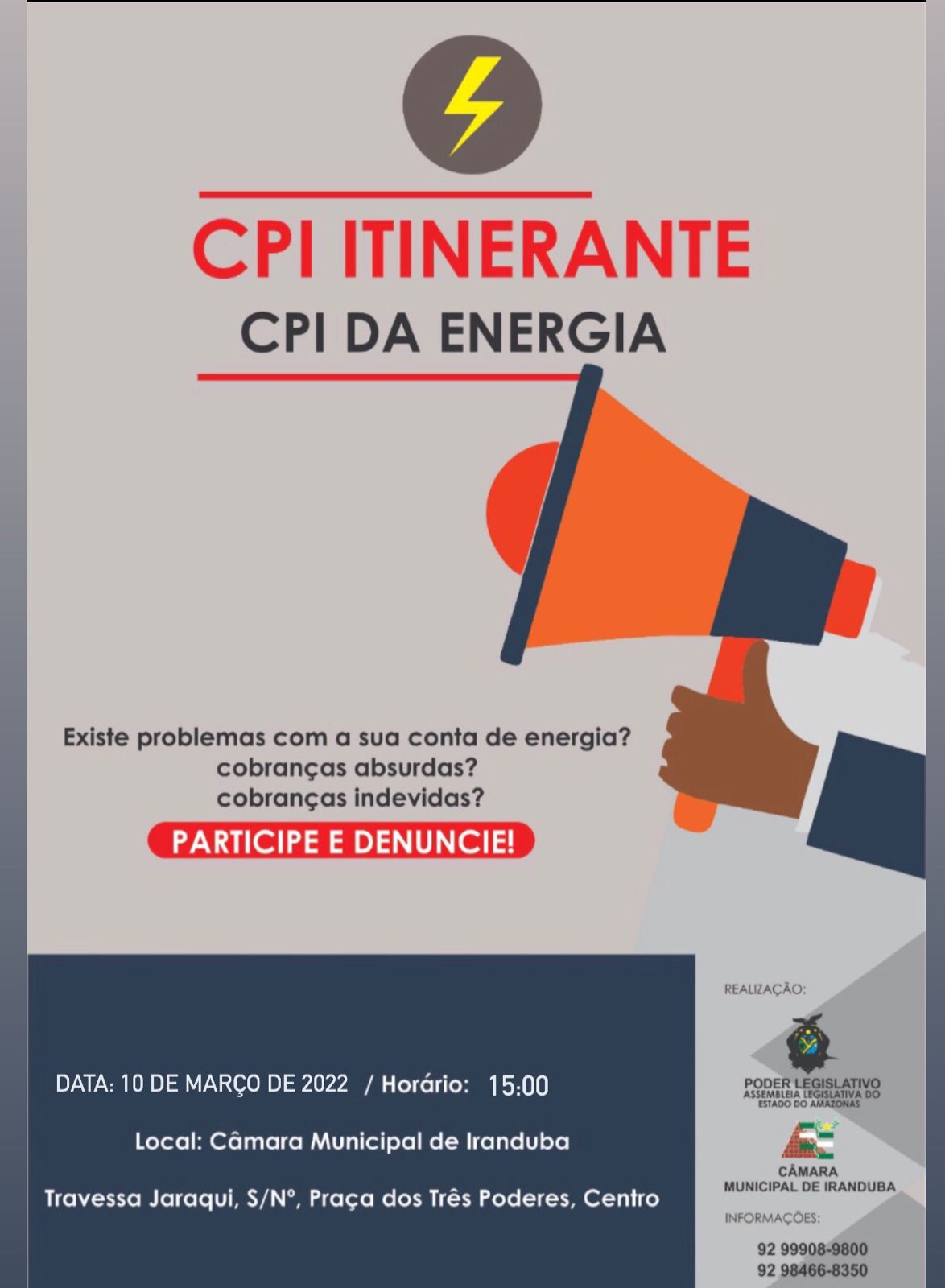 Câmara Municipal de Iranduba realizará "CPI da Energia" para averiguar possíveis irregularidades.